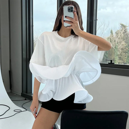 Slim Fit Slimming round Neck Ruffled Stitching Design Short Sleeve