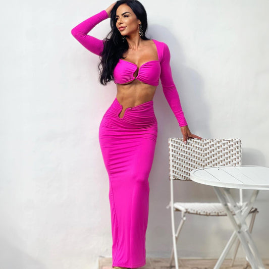 Popular Sexy Bandeau Long Sleeve Back Slit Skirt Set