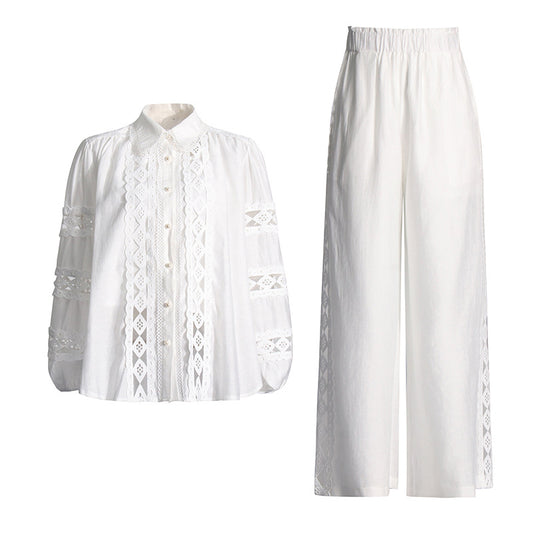 Casual Office Horizontal Embroidered Sleeve Top Straight Leg Trousers Two Piece Set