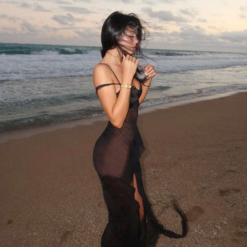 Sexy Girls Mesh See through Split Irregular Asymmetric Spaghetti Strap Dress