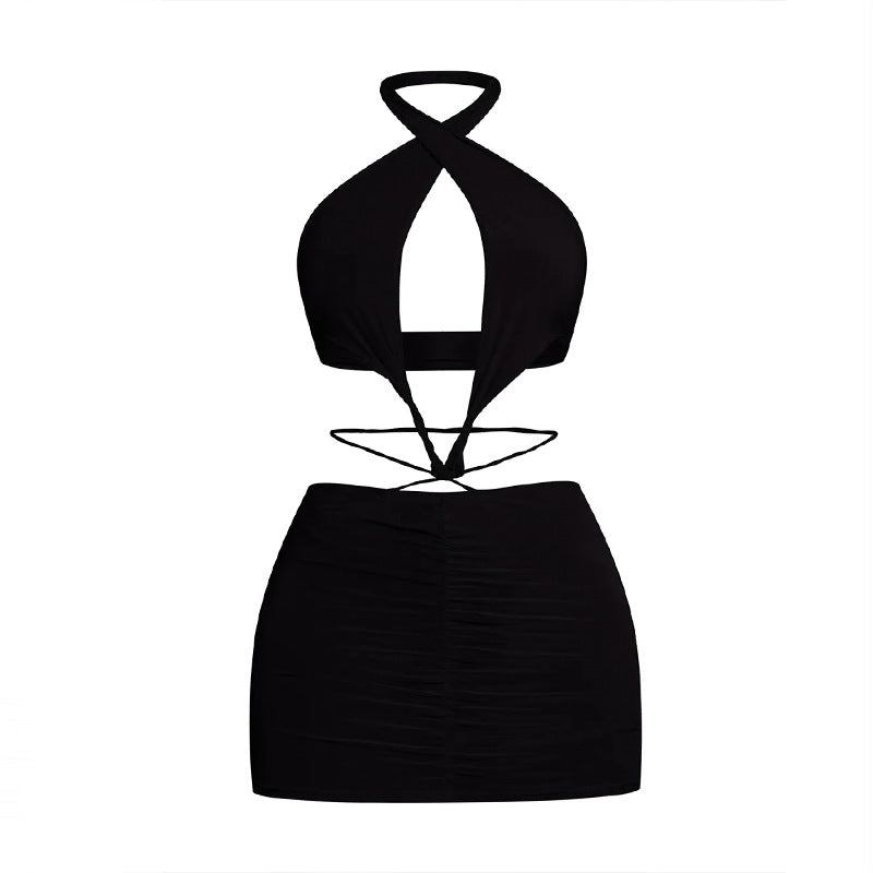 Hollow Out Cutout Bare Back Halterneck Vest Dress Sexy Hip Dress