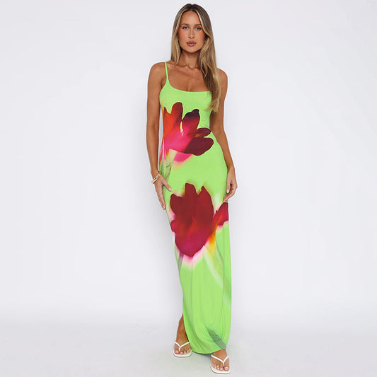 Fresh Casual Strap Floral Print Slim High Waist Maxi Dress