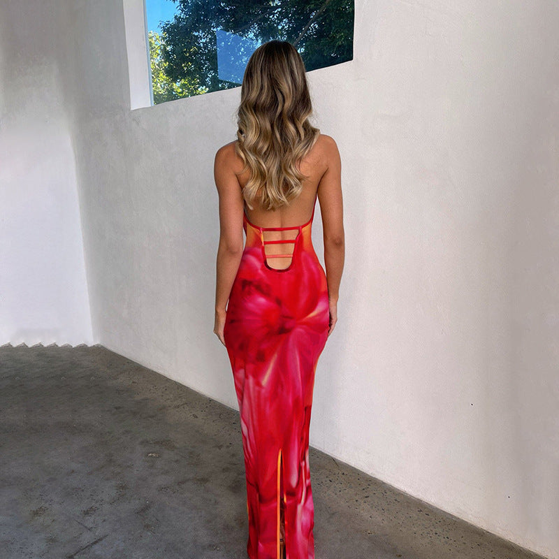 Sexy Backless Halter V neck Mesh Cool Contrast Color Dress