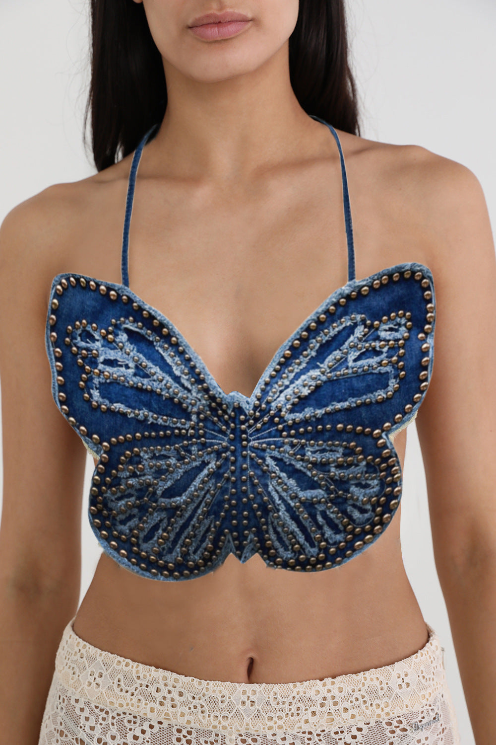 Beaded Backless Strap Halter Butterfly Top