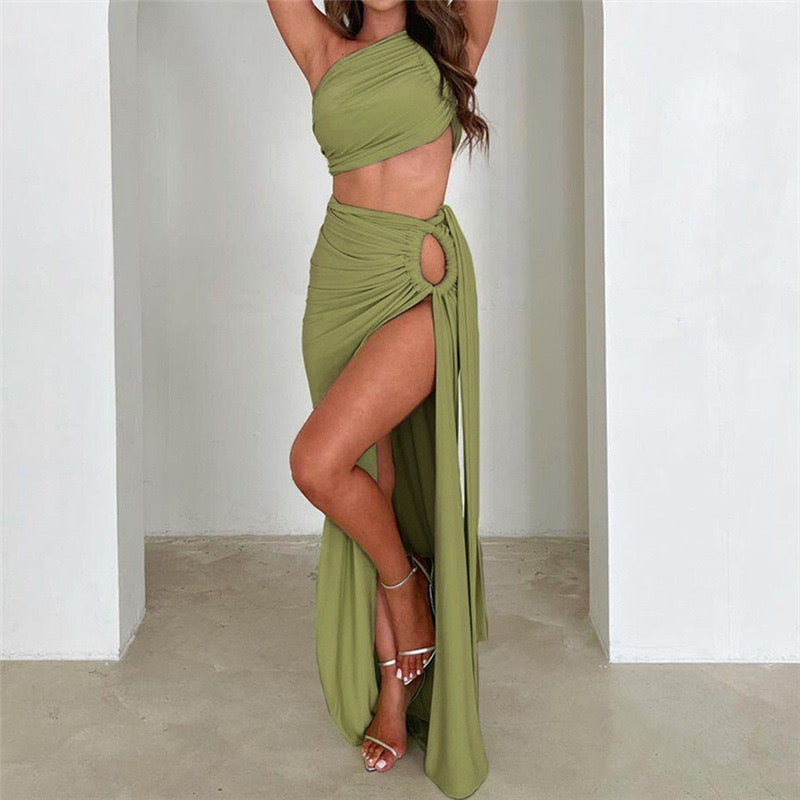 Oblique Shoulder Backless Vest Slim Fit Slit Skirt Set REBECATHELABEL