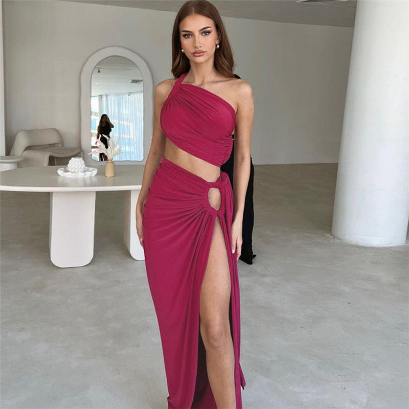 Oblique Shoulder Backless Vest Slim Fit Slit Skirt Set REBECATHELABEL