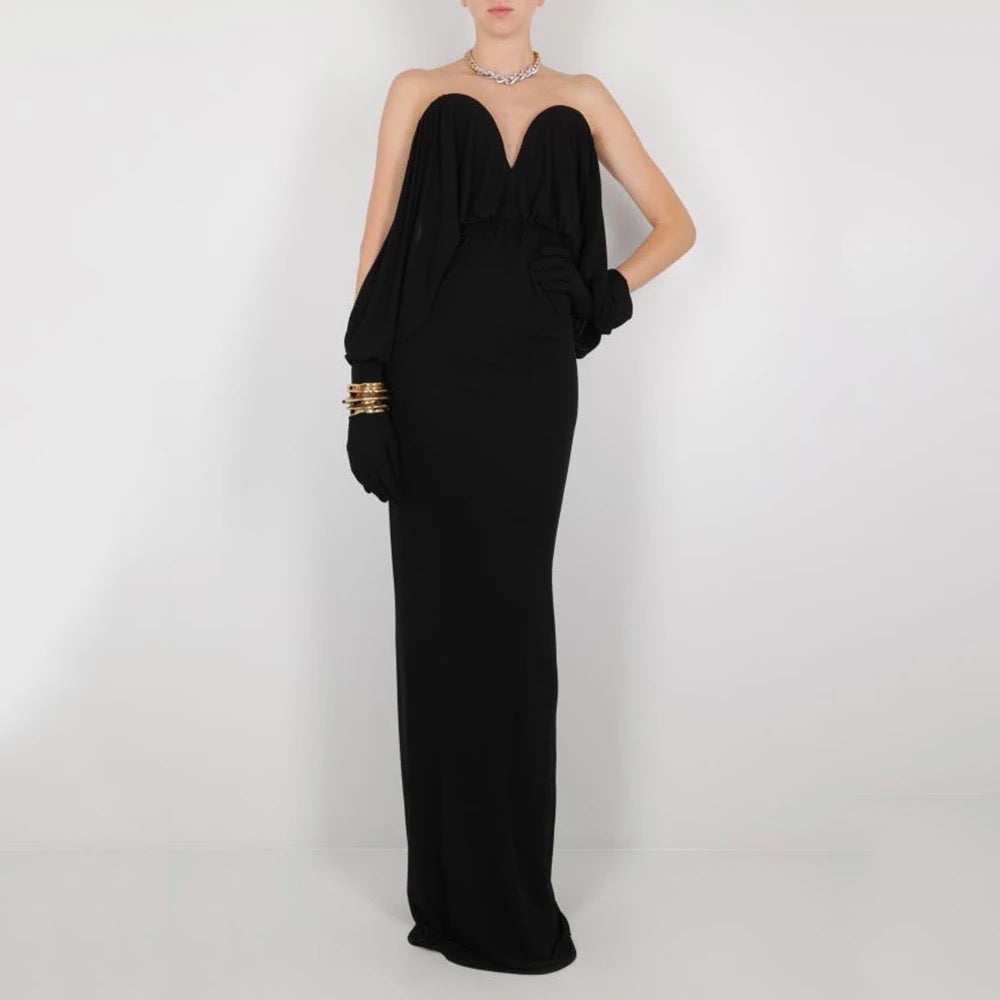 Off Shoulder Gloves Black Long Dress REBECATHELABEL