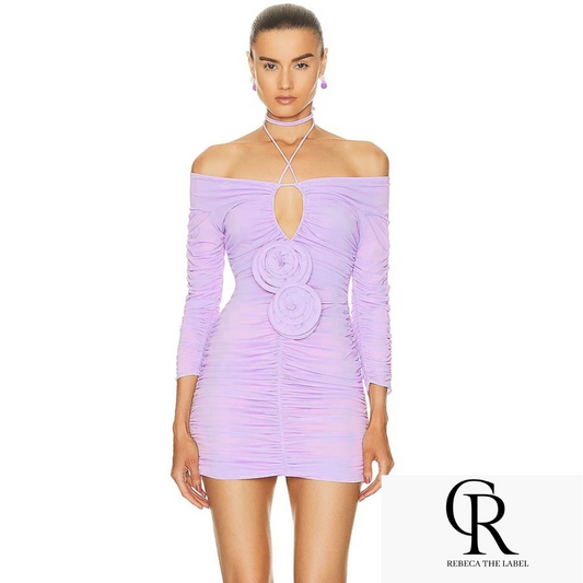 Off Shoulder Long Sleeve Pleated 3D Flower Mini Dress REBECATHELABEL