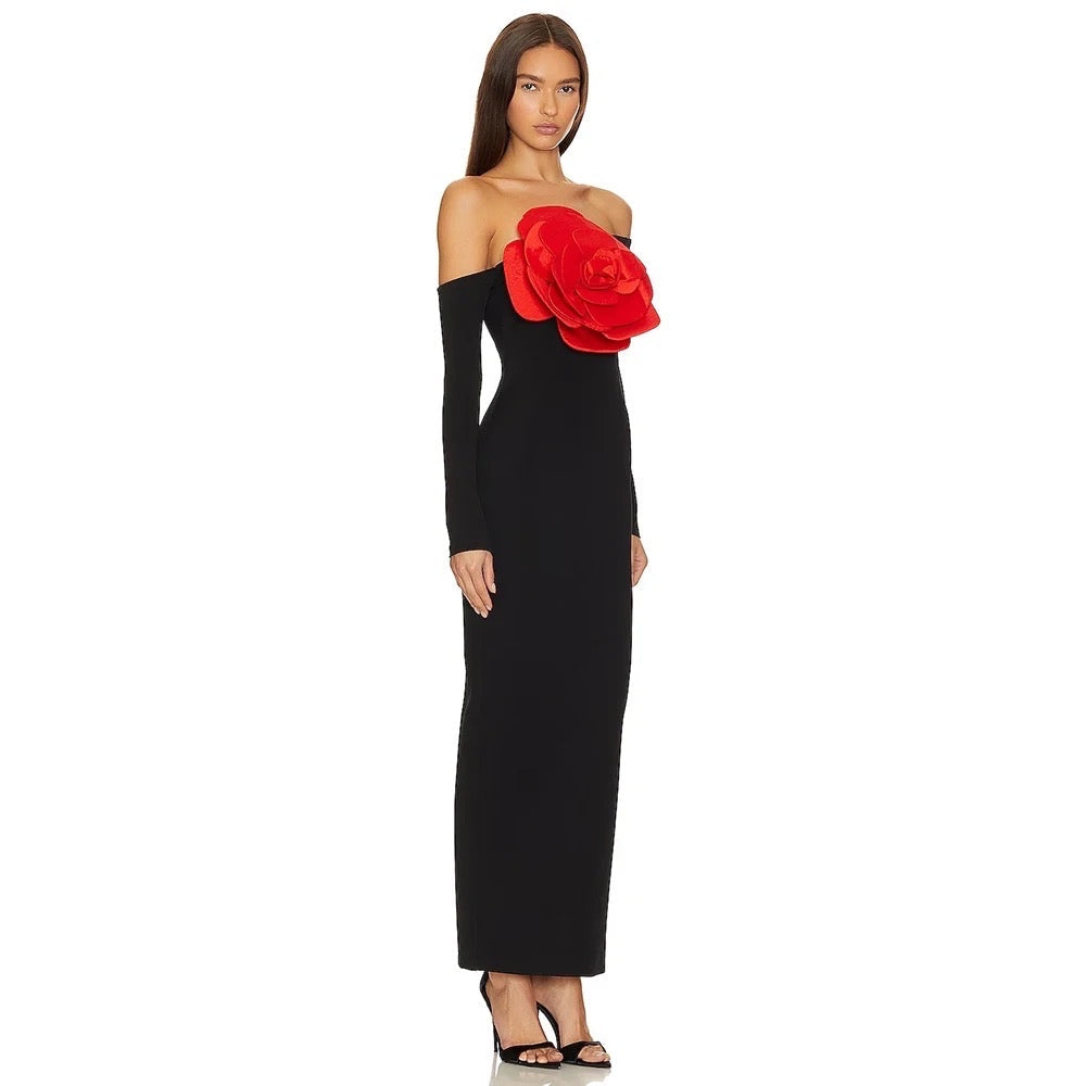 Off Shoulder Long Sleeve Red Big Flower Tight Long Dress REBECATHELABEL