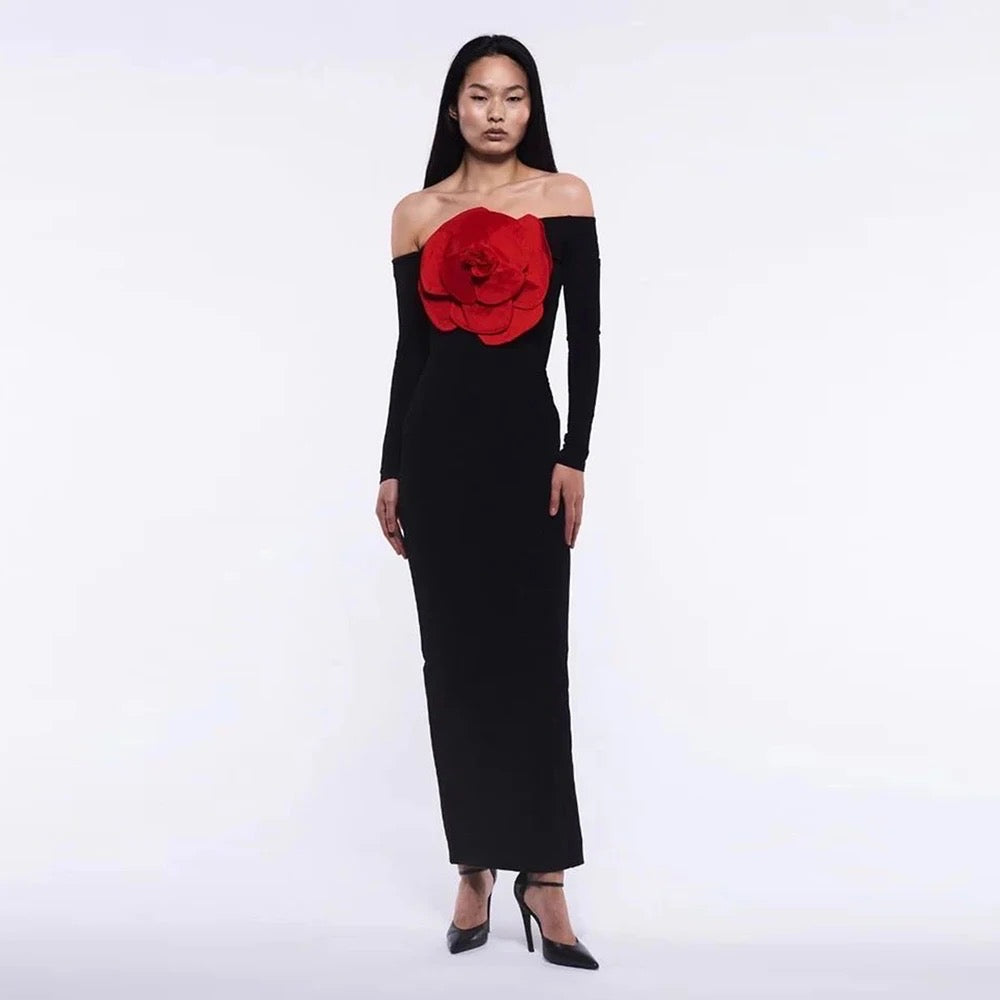 Off Shoulder Long Sleeve Red Big Flower Tight Long Dress REBECATHELABEL