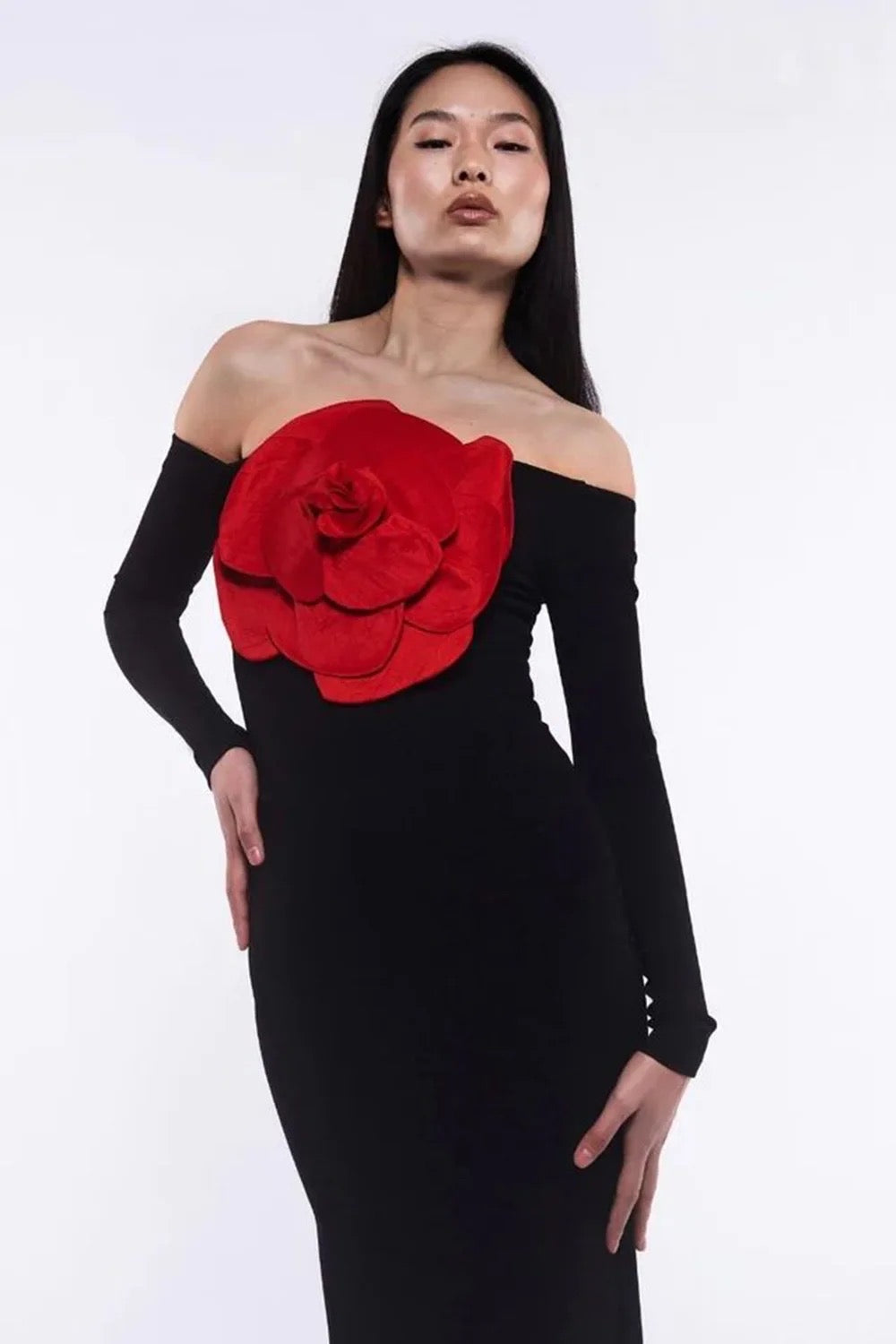 Off Shoulder Long Sleeve Red Big Flower Tight Long Dress REBECATHELABEL