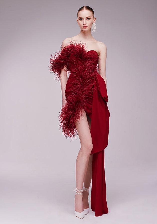 One Shoulder Draped Red Feather Mini Dress REBECATHELABEL