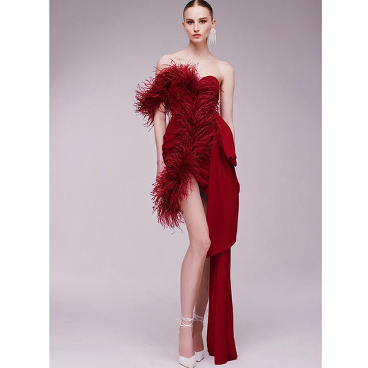 One Shoulder Draped Red Feather Mini Dress REBECATHELABEL