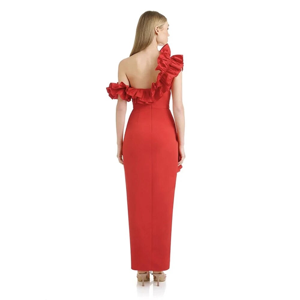 One Shoulder Flower Red Black Ruffle Edge Maxi Long Tight Bandage Dress REBECATHELABEL