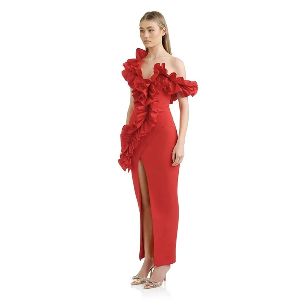 One Shoulder Flower Red Black Ruffle Edge Maxi Long Tight Bandage Dress REBECATHELABEL