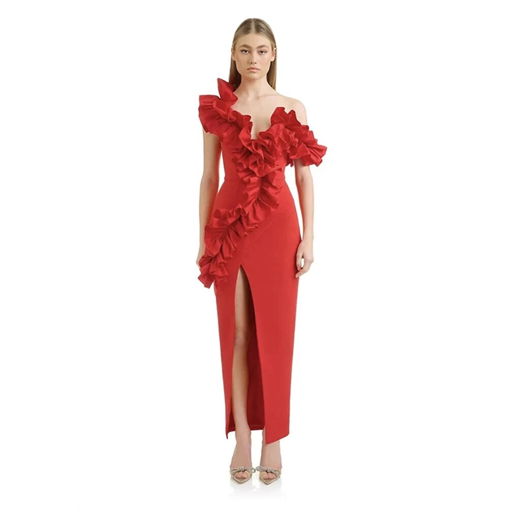 One Shoulder Flower Red Black Ruffle Edge Maxi Long Tight Bandage Dress REBECATHELABEL