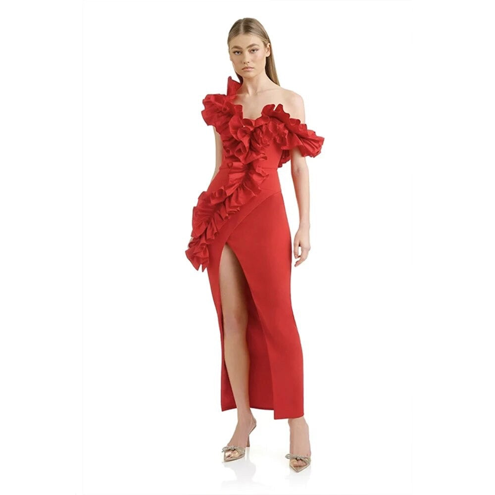 One Shoulder Flower Red Black Ruffle Edge Maxi Long Tight Bandage Dress REBECATHELABEL