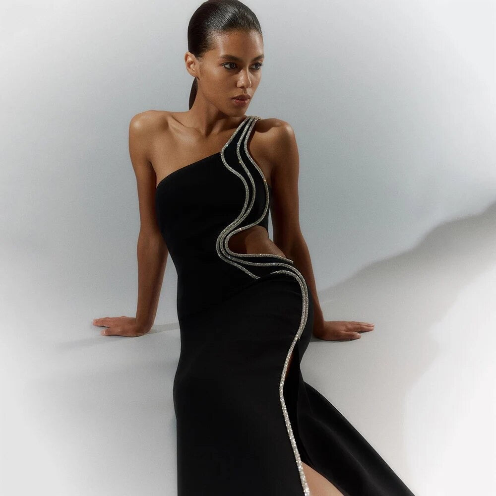 One Shoulder Hollow Embroidered Black Maxi Bandage Dress REBECATHELABEL