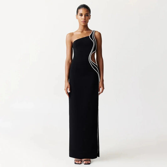 One Shoulder Hollow Embroidered Black Maxi Bandage Dress REBECATHELABEL