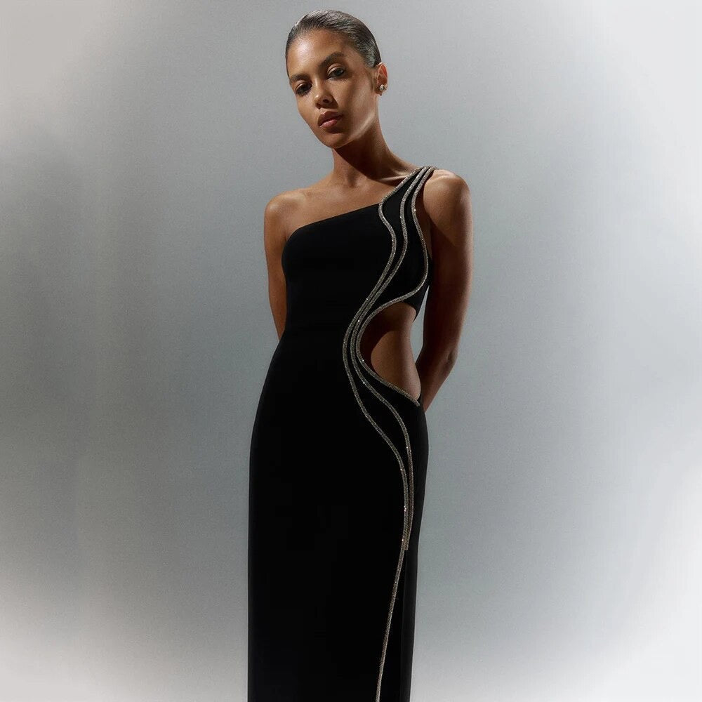 One Shoulder Hollow Embroidered Black Maxi Bandage Dress REBECATHELABEL