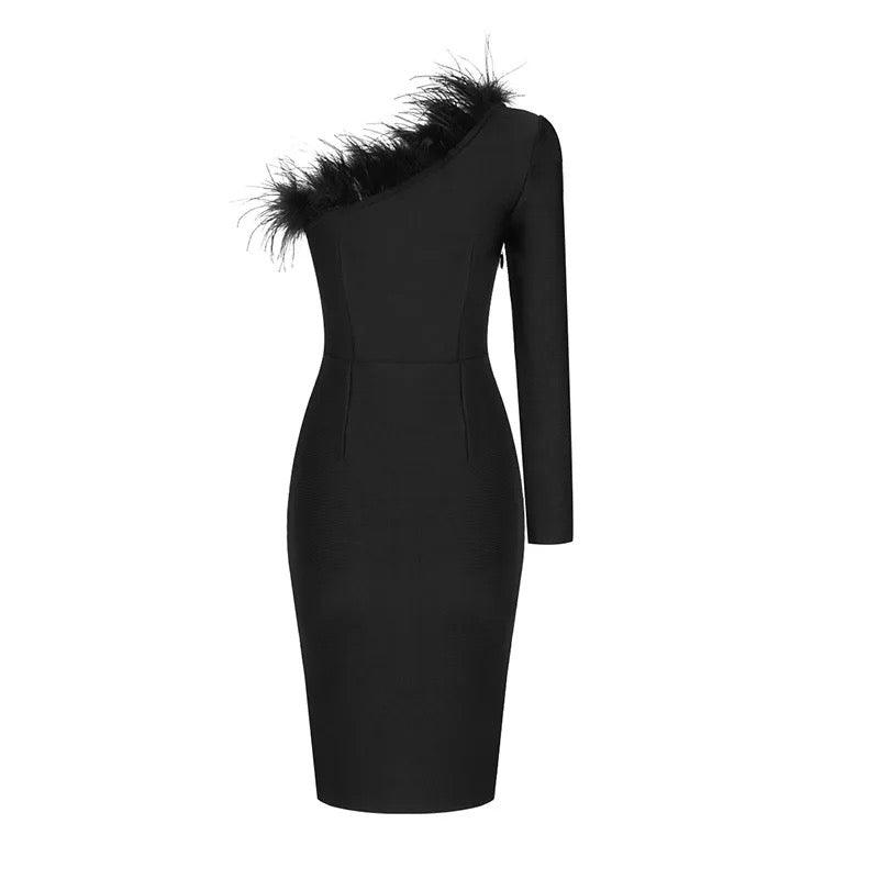 One-Shoulder Long Sleeve Feather Slits Dress REBECATHELABEL