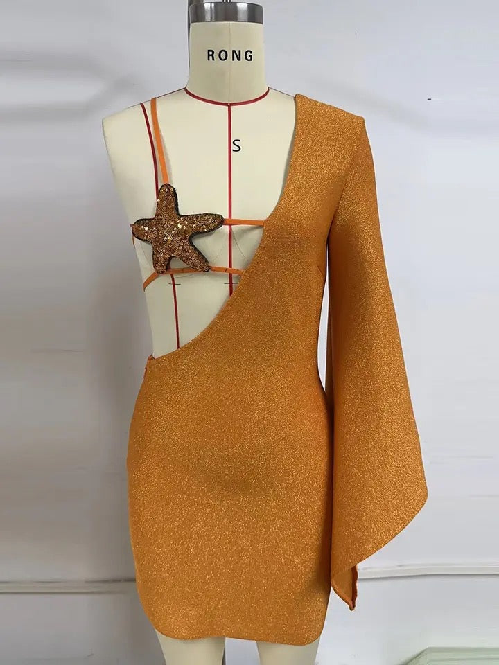 One Shoulder Long Sleeve Sequin Starfish Tight Mini Bandage Dress REBECATHELABEL