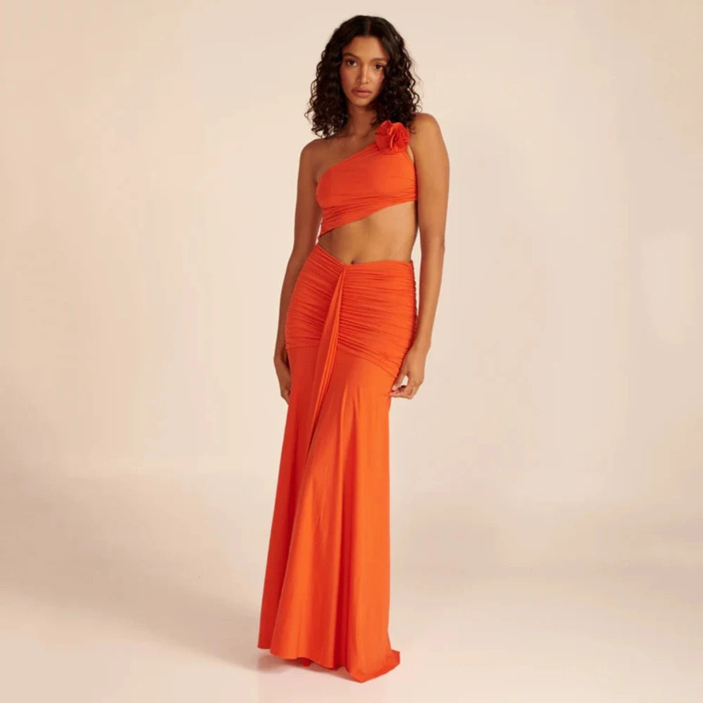 One Shoulder Pleated Hollow out Orange Long Dress REBECATHELABEL