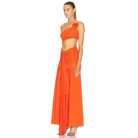 One Shoulder Pleated Hollow out Orange Long Dress REBECATHELABEL