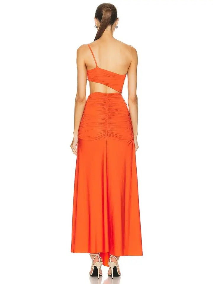 One Shoulder Pleated Hollow out Orange Long Dress REBECATHELABEL