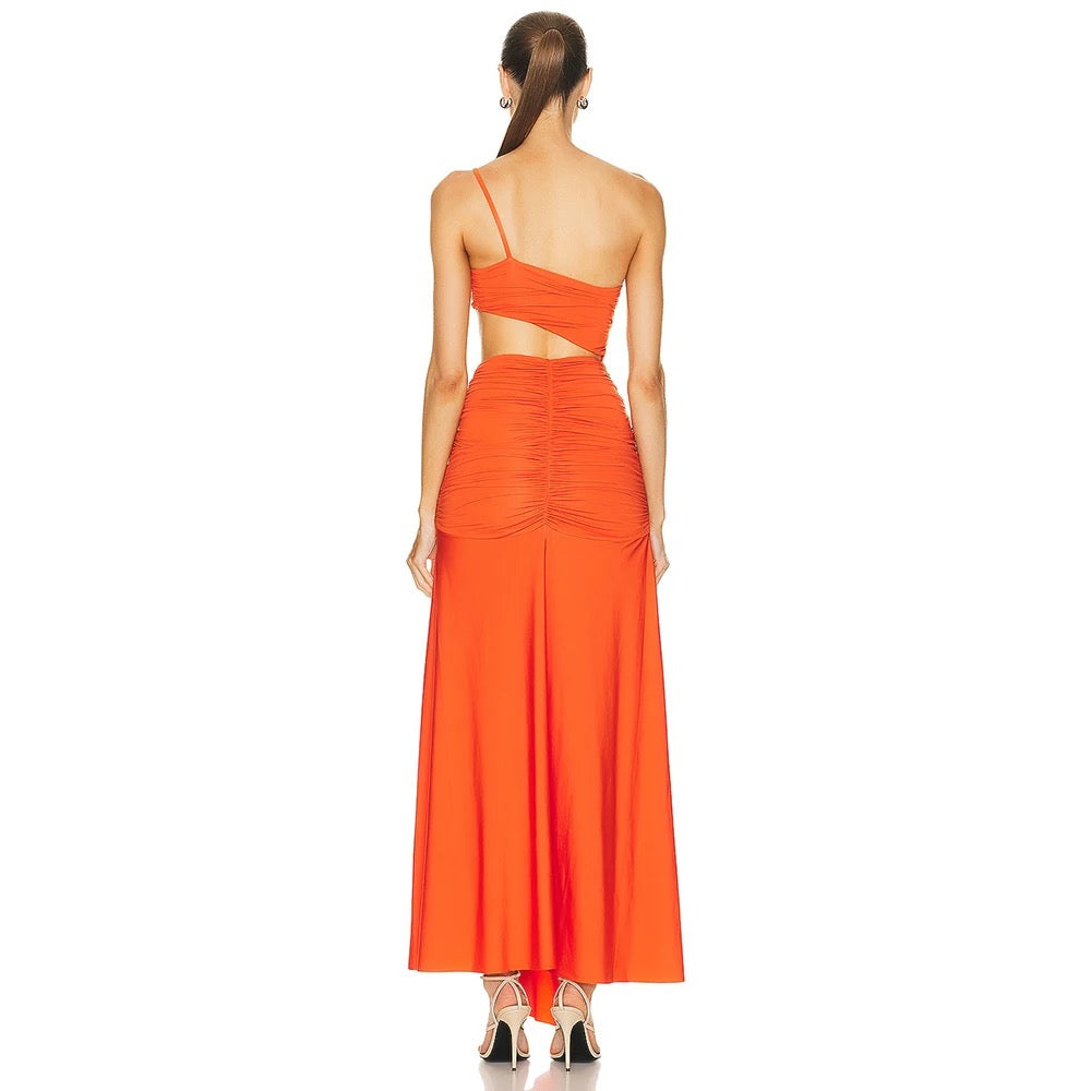 One Shoulder Pleated Hollow out Orange Long Dress REBECATHELABEL