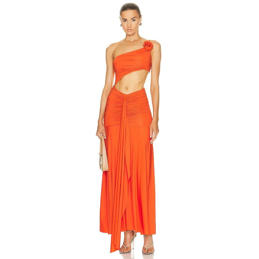 One Shoulder Pleated Hollow out Orange Long Dress REBECATHELABEL