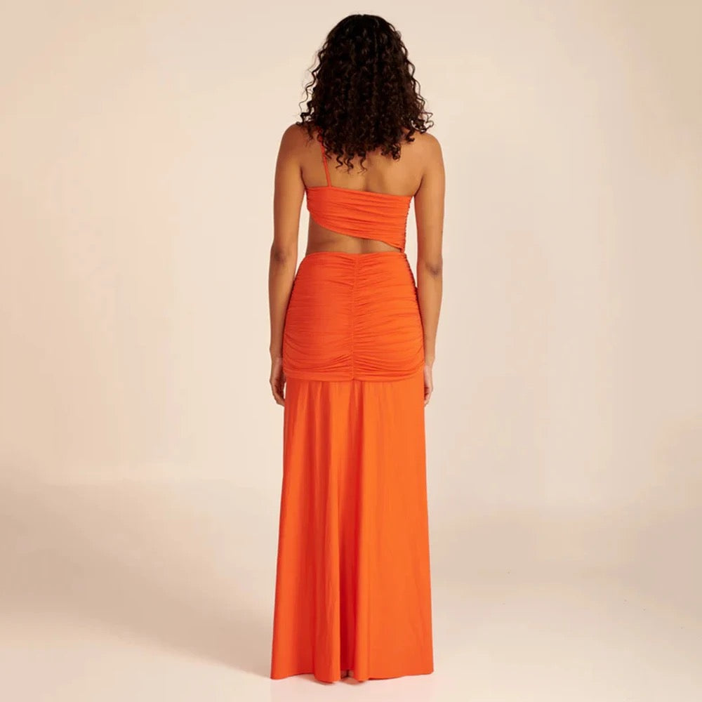 One Shoulder Pleated Hollow out Orange Long Dress REBECATHELABEL