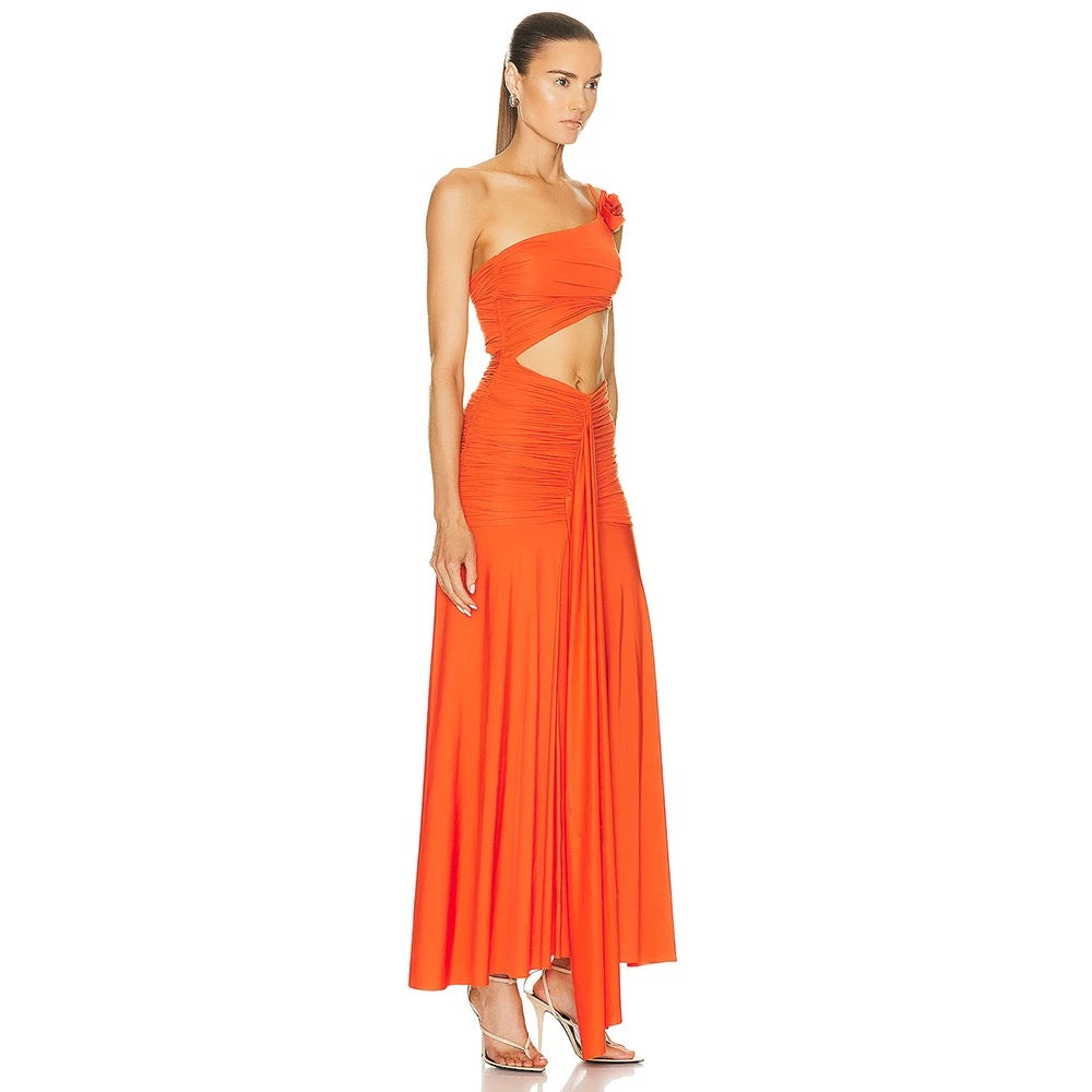 One Shoulder Pleated Hollow out Orange Long Dress REBECATHELABEL