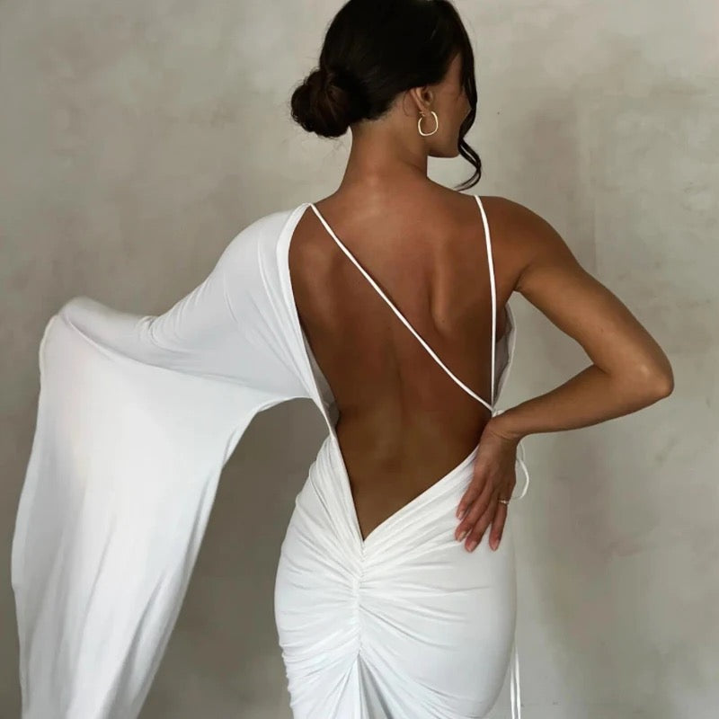 One Shoulder Sleeve Sexy Low Cut Backless Evening Dress REBECATHELABEL