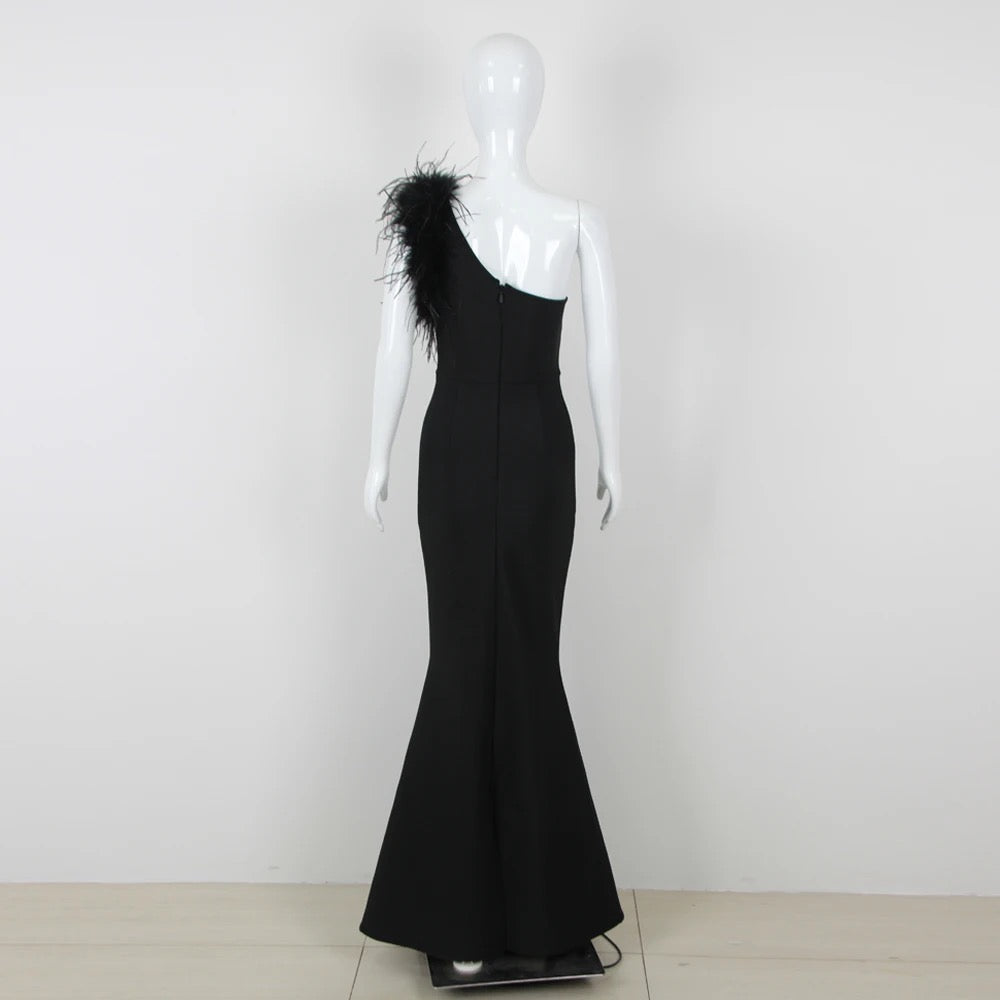 One Shoulder Sleeveless Luxury Feather Maxi Long Bandage Dress REBECATHELABEL