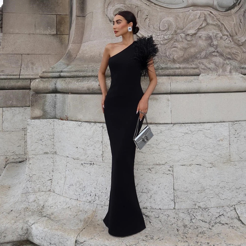 One Shoulder Sleeveless Luxury Feather Maxi Long Bandage Dress REBECATHELABEL