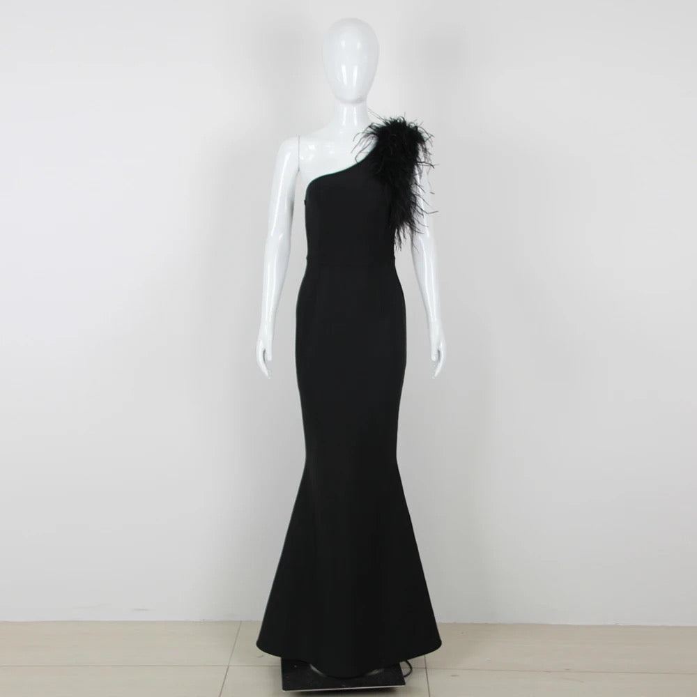 One Shoulder Sleeveless Luxury Feather Maxi Long Bandage Dress REBECATHELABEL