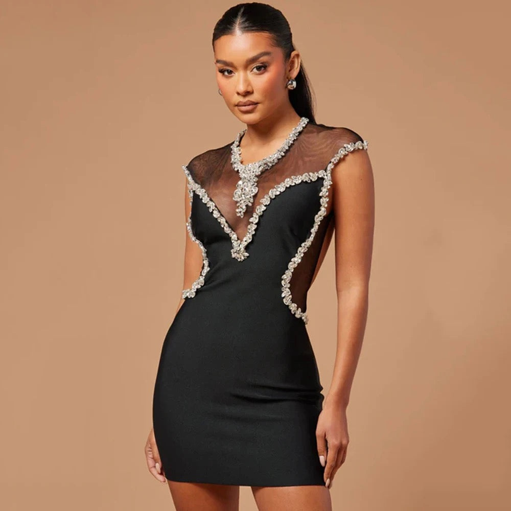 Open Back Mesh Diamond Tense Mini Bandage Dress REBECATHELABEL