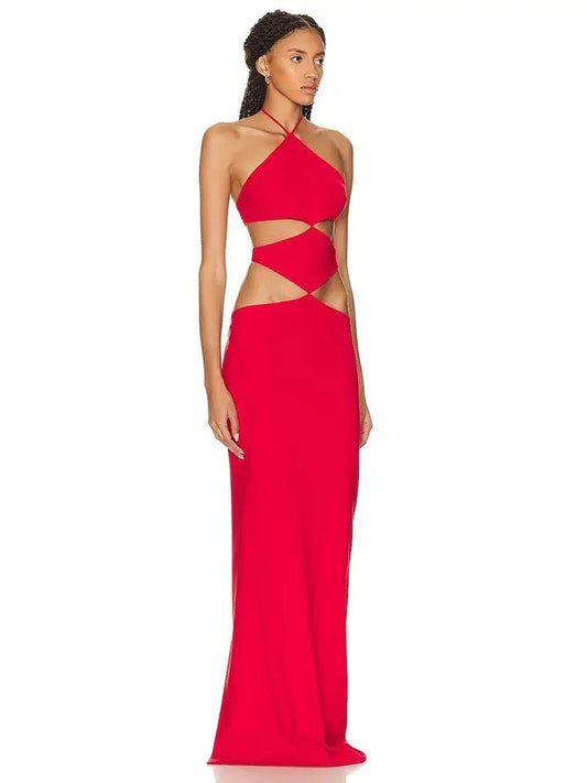 Open Back Red Hollow Red Maxi Long Bandage Dress REBECATHELABEL