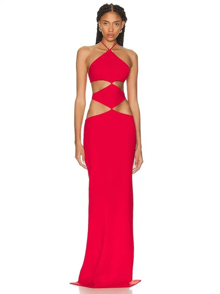 Open Back Red Hollow Red Maxi Long Bandage Dress REBECATHELABEL