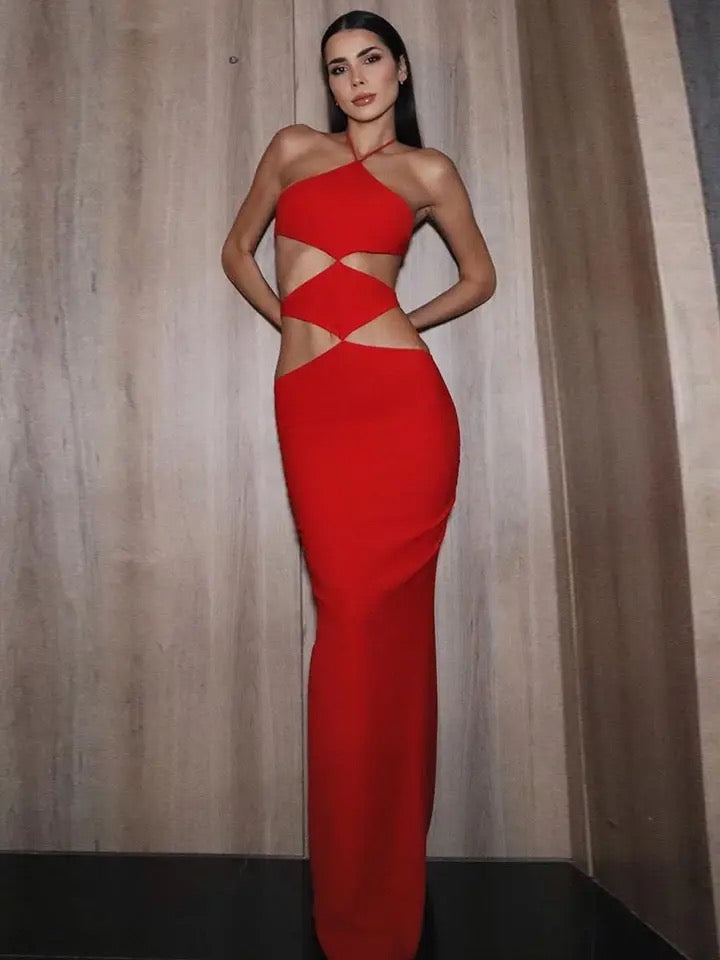 Open Back Red Hollow Red Maxi Long Bandage Dress REBECATHELABEL