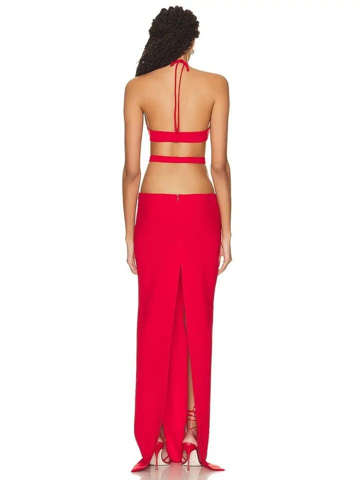 Open Back Red Hollow Red Maxi Long Bandage Dress REBECATHELABEL