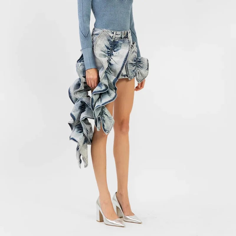 Patchwork Ruched Ruffle Denim Skirt REBECATHELABEL