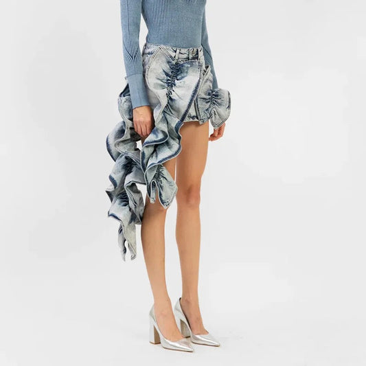 Patchwork Ruched Ruffle Denim Skirt REBECATHELABEL