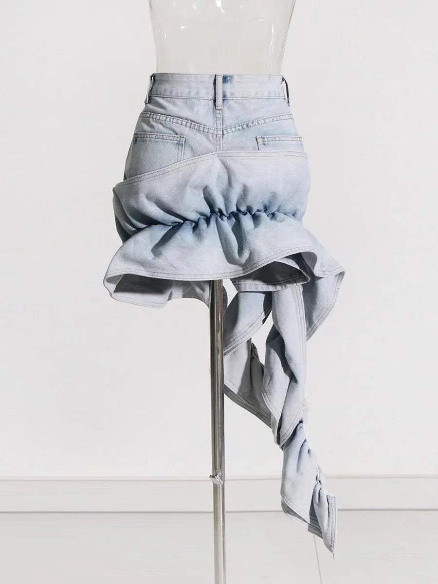 Patchwork Ruched Ruffle Denim Skirt REBECATHELABEL