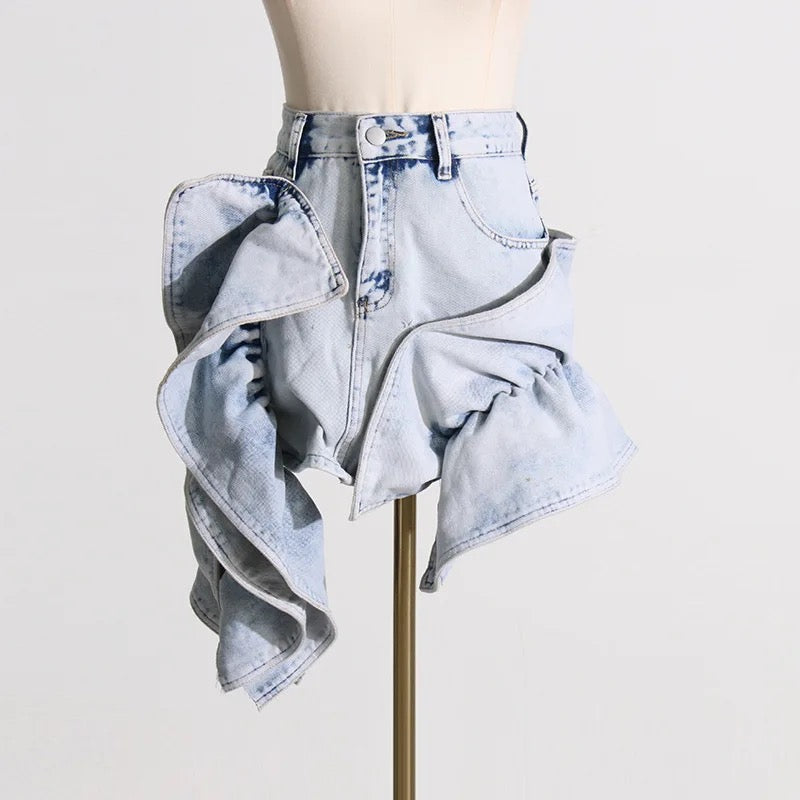 Patchwork Ruched Ruffle Denim Skirt REBECATHELABEL