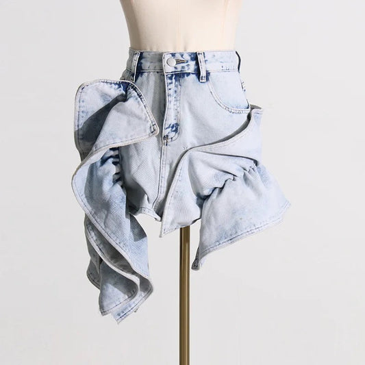 Patchwork Ruched Ruffle Denim Skirt REBECATHELABEL