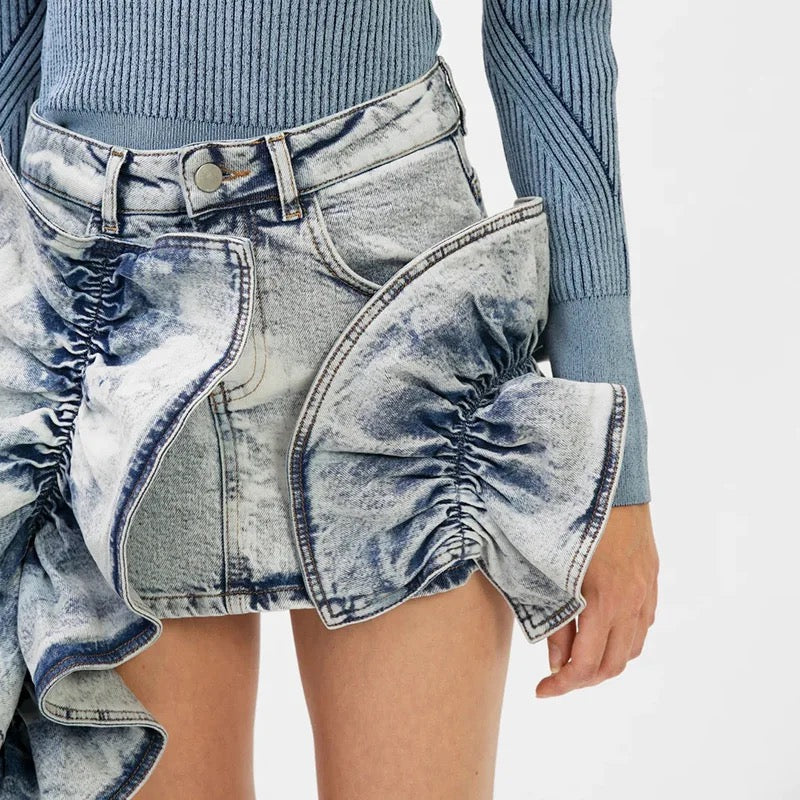 Patchwork Ruched Ruffle Denim Skirt REBECATHELABEL