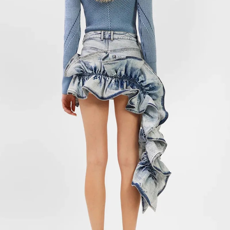 Patchwork Ruched Ruffle Denim Skirt REBECATHELABEL