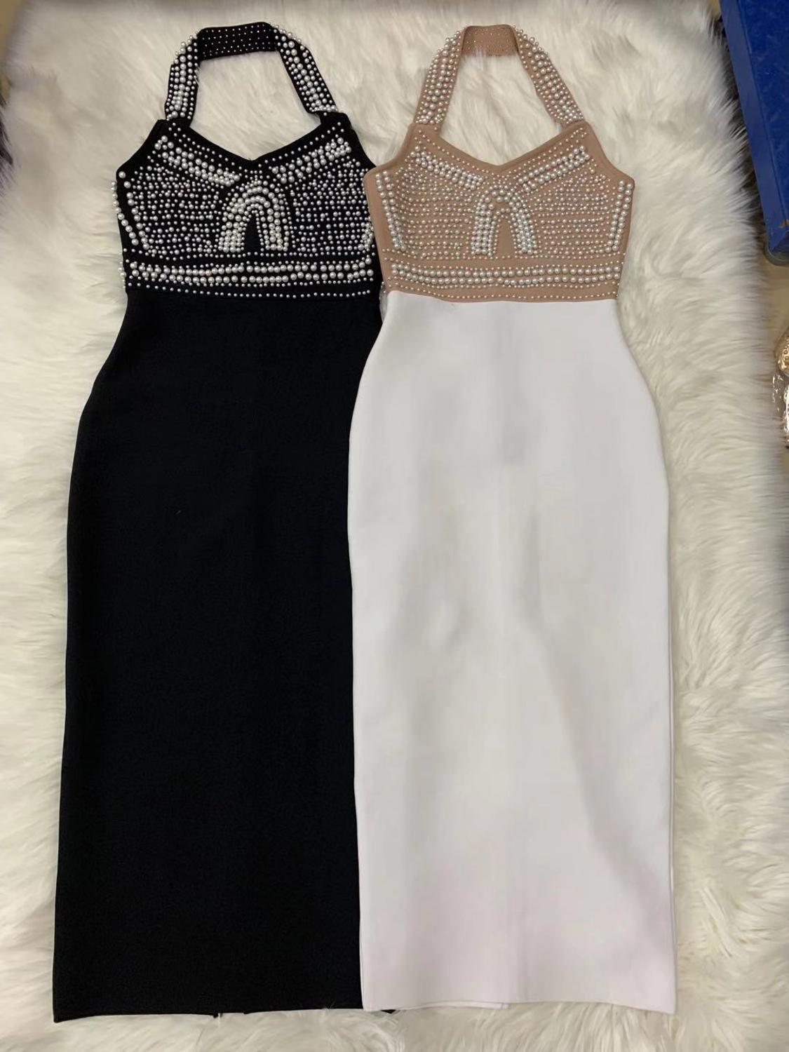 Pearl Beaded Halter Backless Bodycon Dress REBECATHELABEL